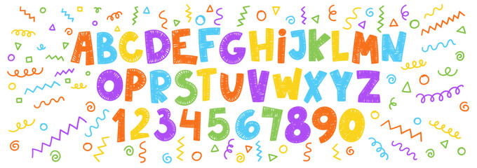 Funky children font, cartoon kids alphabet with crayon, pastel or chalk texture. Vector handdrawn numbers, circle, zigzag, squiggle.