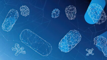 Modern digital healthcare concept with geometric capsule shapes floating on vibrant blue, perfect for technology, medicine, and pharmaceutical marketing