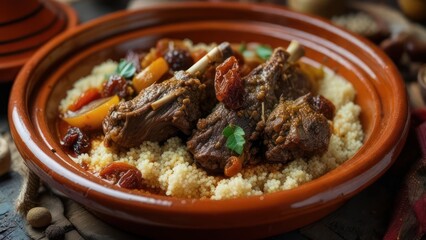 Indulge in this traditional Moroccan lamb tagine with couscous, a vibrant and flavorful culinary journey perfect for food blogs or international cuisine promotions