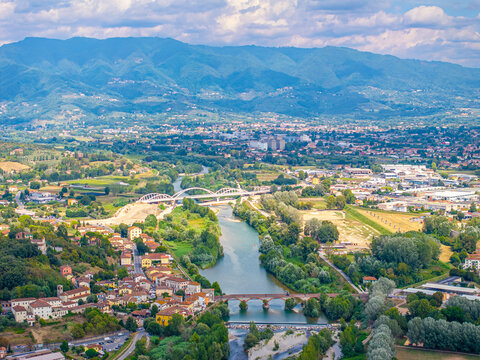 Lucca Tuscany beautiful aerial panorama at Serchio river and valley
