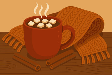 Cozy cup of hot cocoa with marshmallows, warm mood, cinnamon sticks, knitted scarf background