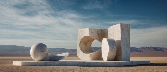 Abstrakte Marmorskulptur in surrealer Wüstenlandschaft