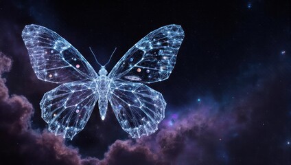 Stunning cosmic butterfly with glowing network design against vibrant nebula background, ideal for science, technology, and imagination projects.