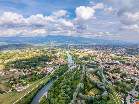 Lucca Tuscany beautiful aerial panorama at Serchio river and valley