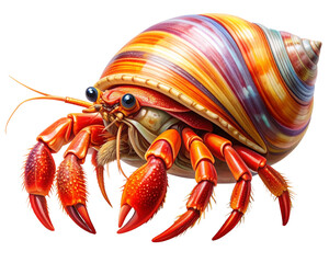 A detailed high-resolution hermit crab with bright red-orange legs and claws, carryin 