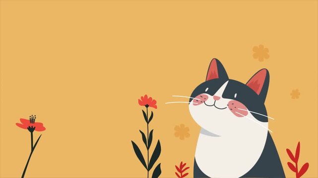 Cute animated illustration of a smiling cat with blush cheeks surrounded by flowers on a pastel orange background. Perfect for children&rsquo;s content, cartoon animation, pet themed design, greeting cards