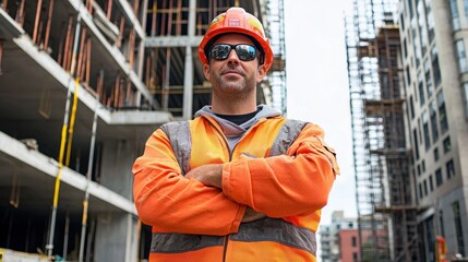 A construction worker standing in front of a construction site.