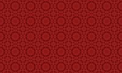 Seamless repeating pattern of red circles and star shapes in a symmetrical arrangement design