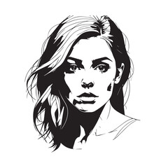 Black and white close up illustration of a beautiful woman face minimalist elegant line art drawing
