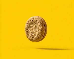 Naklejka premium Delicious Chocolate Chip Cookie Floating Above Yellow Background