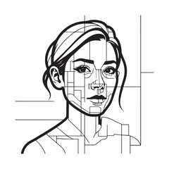 Black and white close up illustration of a beautiful woman face minimalist elegant line art drawing