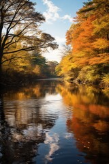 Obraz premium Golden autumn foliage reflected on calm river waters reflection