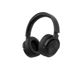 Modern black overear headphones with plush earcups, isolated on transparent background
