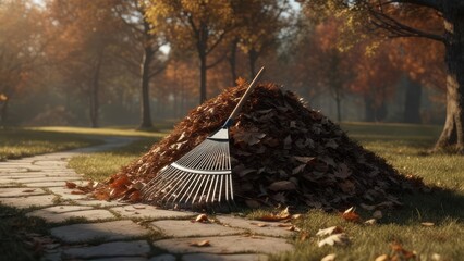 Serene autumn scene shows a rake leaning against a large pile of fallen leaves in a park, evoking feelings of fall cleanup and seasonal transition