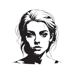 Black and white close up illustration of a beautiful woman face minimalist elegant line art drawing