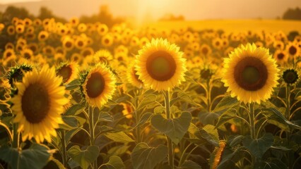 Stunning sunflower field at sunset brings radiant light and summer vibes, perfect for inspirational designs and joyful seasonal campaigns