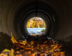 Autumnal view through a metal pipe