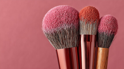 Close up 3 size of Makeup brushes on a pink background.