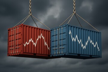Economic Dynamics: Two cargo containers, symbolizing trade and the global economy, rise against a turbulent sky, each bearing contrasting financial charts.