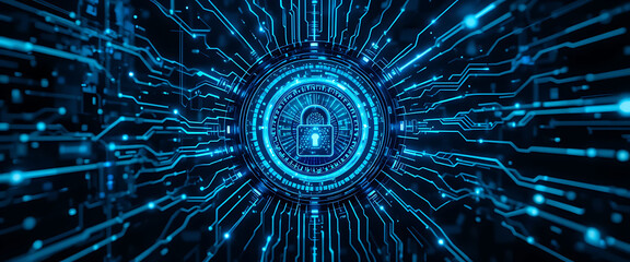Cyber lock shield with rotating 4D layers of encryption, luminous cyan beams cutting through darkness