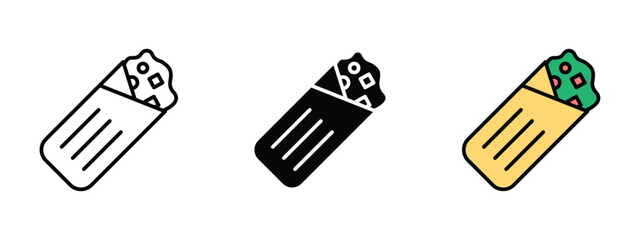 Set of pixel perfect colored Wrap icon, 1 Silhouette, 1 Unexpanded, Wrap icon symbolizing a rolled sandwich with fillings.