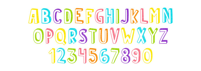 Doodle 3d children font, cartoon kids alphabet with crayon, pastel or chalk texture. Vector handdrawn numbers and letters.