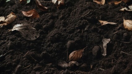 Rich dark soil perfect for planting and gardening with autumn leaves for a natural, earthy feel, ideal for agriculture and environmental projects