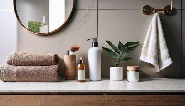 modern bathroom vanity with towels and toiletries
