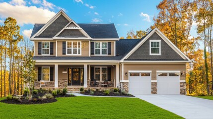 Fototapeta premium A two-story house with a gray roof and brown siding, surrounded by a green lawn and trees with autumn leaves.