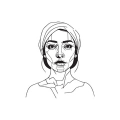 Black and white close up illustration of a beautiful woman face minimalist elegant line art drawing