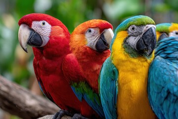 Fototapeta premium Colorful Macaws Perched Together on a Branch