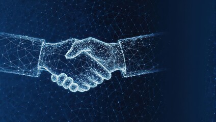 Digital handshake illustration symbolizes partnership and trust, perfect for technology, collaboration, and global business concepts, dynamic and modern design