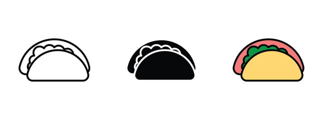 Set of pixel perfect colored Taco icon, 1 Silhouette, 1 Unexpanded, Taco icon symbolizing a Mexican food item with fillings.