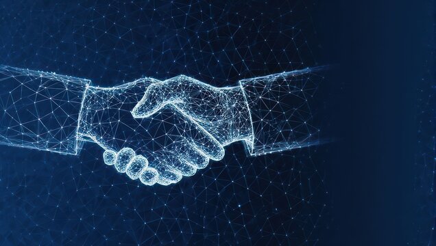 Digital handshake illustration symbolizes partnership and trust, perfect for technology, collaboration, and global business concepts, dynamic and modern design