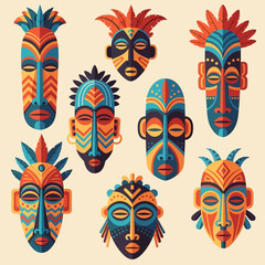 Naklejka premium Vibrant collection of tribal masks with stunning geometric patterns evoking ancient traditions and cultural heritage, perfect for artful designs