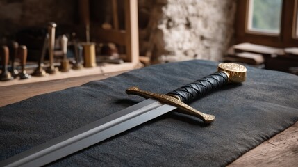 Close-Up of Leather Wrapped Sword Hilt on Workshop Table with Tools in Background