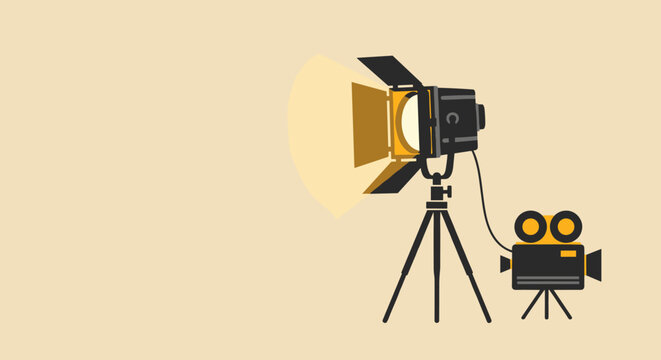 Flat vector illustration of an old vintage movie light on a tripod with yellow and orange lighting, minimalist retro design for film production and classic cinema theme