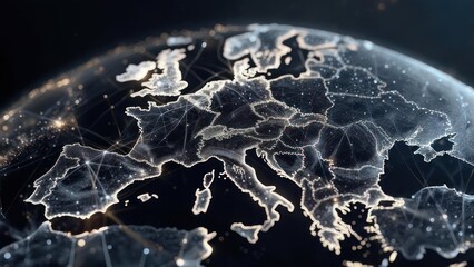 Stunning futuristic map of Europe showcasing global network connections and data flow, ideal for technology and business presentations with a modern aesthetic