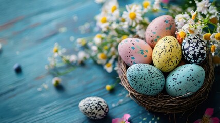 A basket of colorful Easter eggs on a rustic wooden table with daisies and flowers.