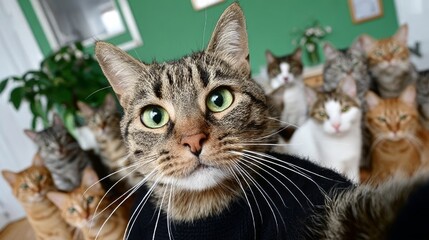 Cat is taking a selfie with a group of other cats. The cats are all different colors and sizes, and they are all gathered together in a room. The cat taking the selfie is the center of attention