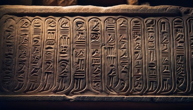 close up of ancient cuneiform script carved into a stone tablet with detailed symbols visible