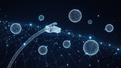 Dynamic network cable connecting digital spheres in a cosmic web, representing advanced technology and global communication, perfect for futuristic tech marketing