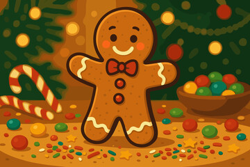 Cute gingerbread man cookie, festive mood, decorated with icing, Christmas celebration background
