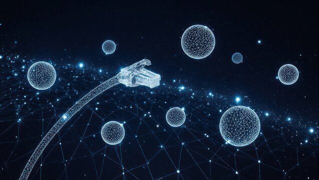 Dynamic network cable connecting digital spheres in a cosmic web, representing advanced technology and global communication, perfect for futuristic tech marketing