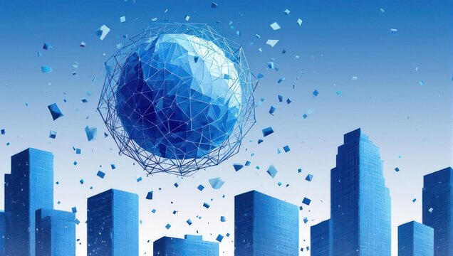 Stunning futuristic city skyline with geometric sphere and floating shapes for innovative business technology and modern urban development concepts
