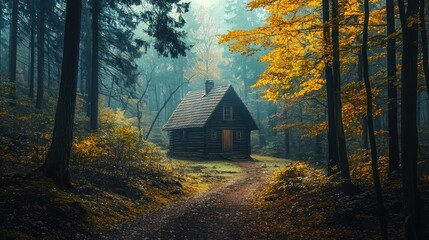 A cozy wooden cabin nestled in a dense forest with autumn leaves, surrounded by a misty, foggy atmosphere.