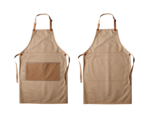 Tan canvas apron with leather straps and pockets isolated on a transparent background