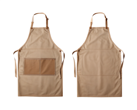 Tan canvas apron with leather straps and pockets isolated on a transparent background
