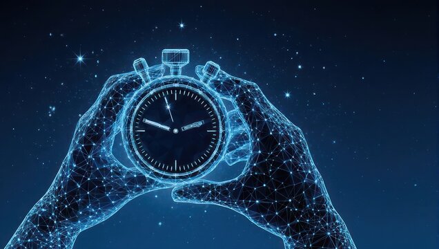 Futuristic countdown with glowing digital stopwatch held in hands, perfect for deadlines, time management, or a project launch in the digital space