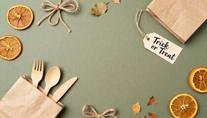 Crafting an ecofriendly Halloween flat lay with kraft paper bags, dried fruit, and natural decorations in a playful tribute to trick or treat traditions